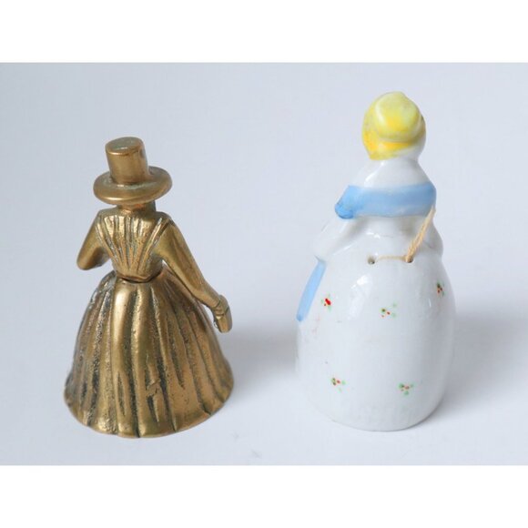 2 Vintage Small Bells Brass Welsh Lady Porcelain Colonial Lady Figural Bell - Picture 3 of 4